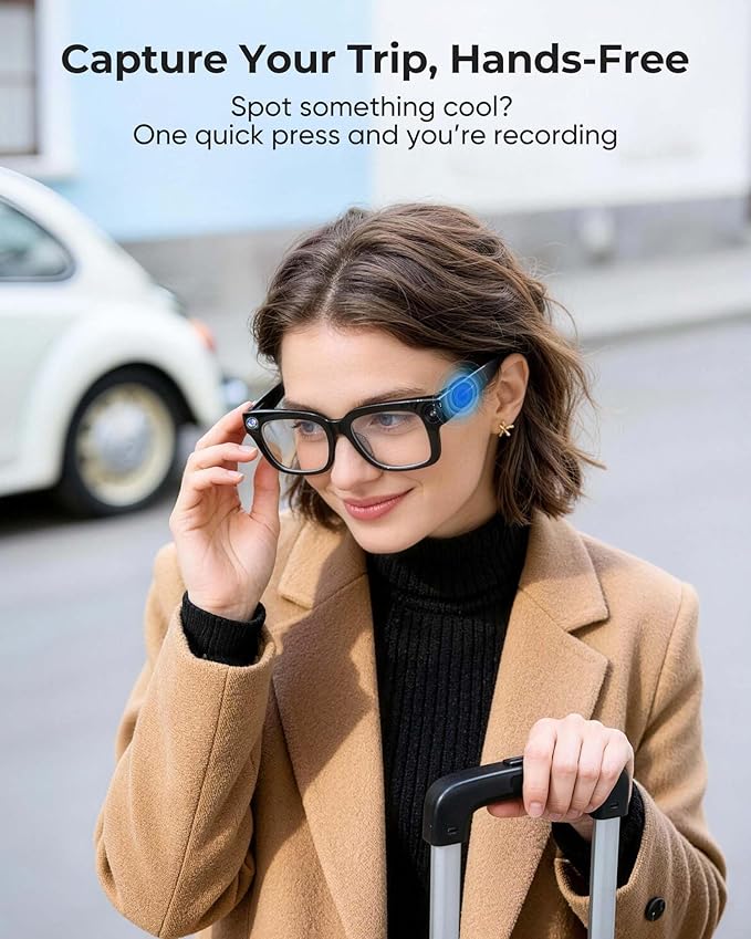 AI Smart Camera Glasses, 1080P HD Video + 8MP Photo, Bluetooth Open Ear Music & Calls, Interchangeable Sunglasses/Clear Lenses, No Subscription, for Travel & Vlogging