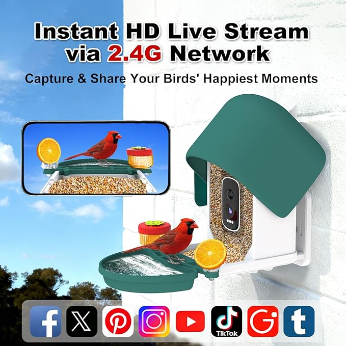 Bird Feeder Camera with 4K HD, App Alerts & Two-Way Audio, Solar Panel, 32GB Card 4-in-1 Perch, 160° View, Auto Detect & AI Identify - Wireless Outdoors Weatherproof Design (Army Green)