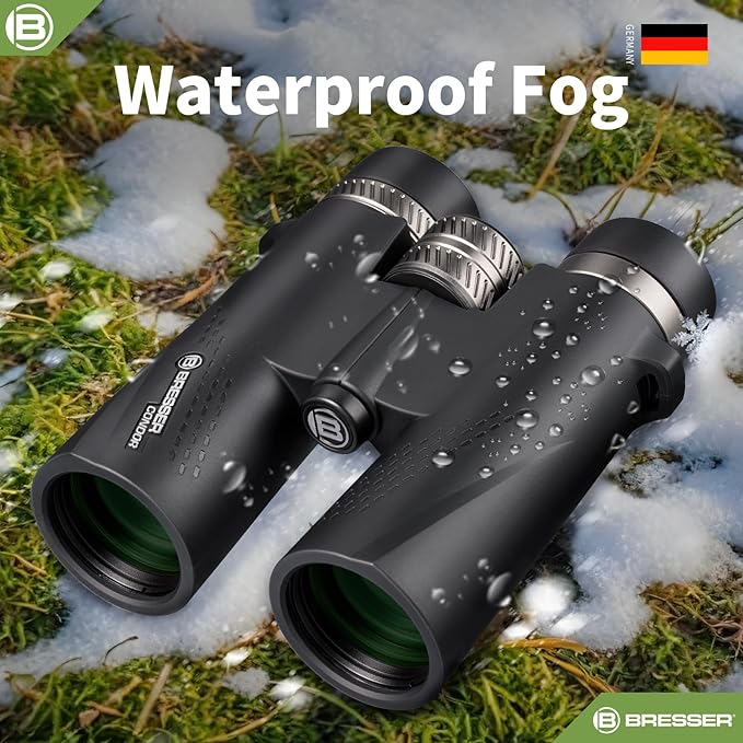 BRESSER 8x42 Binoculars for Adults High Powered with HD Optical System, FMC Green Film BAK4 Prism, Non-Slip Grip, Waterproof, Fogproof, Shockproof for for Hunting Bird Watching Travel Football Games