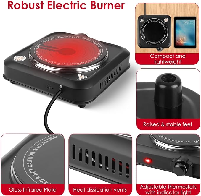 1200W Electric Infrared Single Burner Portable Heating Hot Plate Stove Countertop RV Hotplate with 7.5” Glass Cooktop Stepless Temperature Adjustments for Home RV Camp