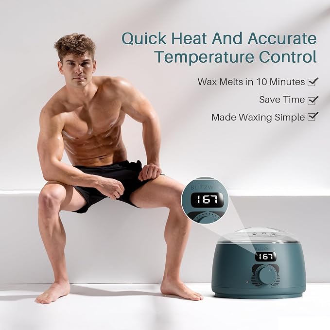 BLITZWAX Back and Nose Waxing Kit for Men, Hard Wax Warmer for Brazilian, Body and Face, At Home Hair Removal Kit, Beginner Friendly, Quick Heating, 93 Accessories, Blue Spruce