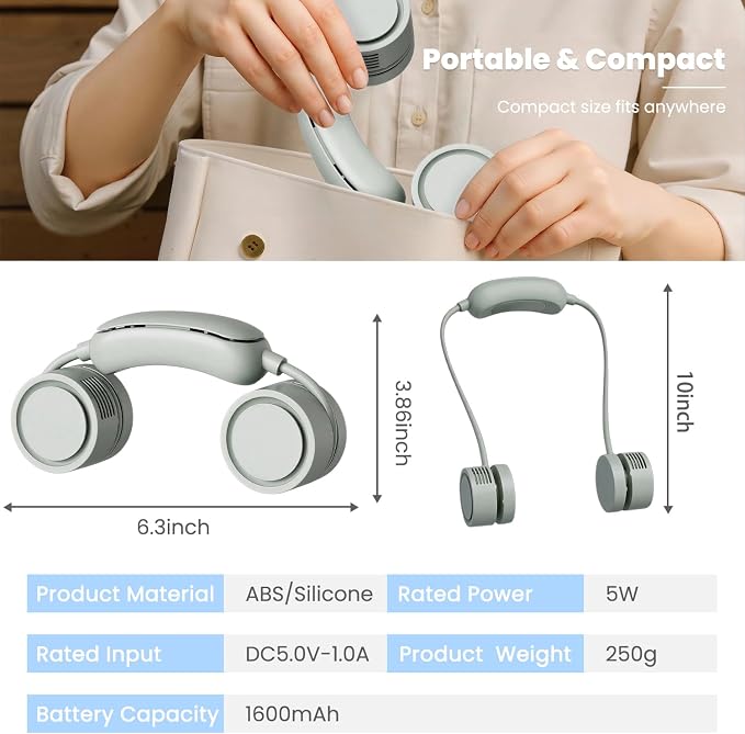 Qoqooice Portable Neck Fan 6H Runtime Ultra Quiet 1600mAh Battery Operated Fan with 3 Speeds Personal Fan USB Rechargeable Floor Fan for Office Home Camping Outdoor Travel