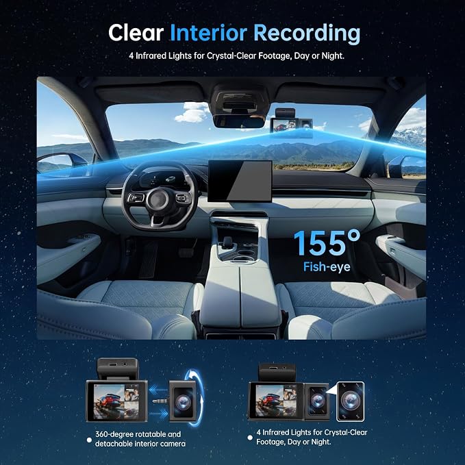3 Channel Dash Cam: 4K+1080P+1080P-Dash Cam Front and Rear Inside with Free 64GB Card & 5GHz WiFi - Dash Camera for Cars with IR Night Vision APP Control Parking Mode G-Sensor Loop Recording(X7)