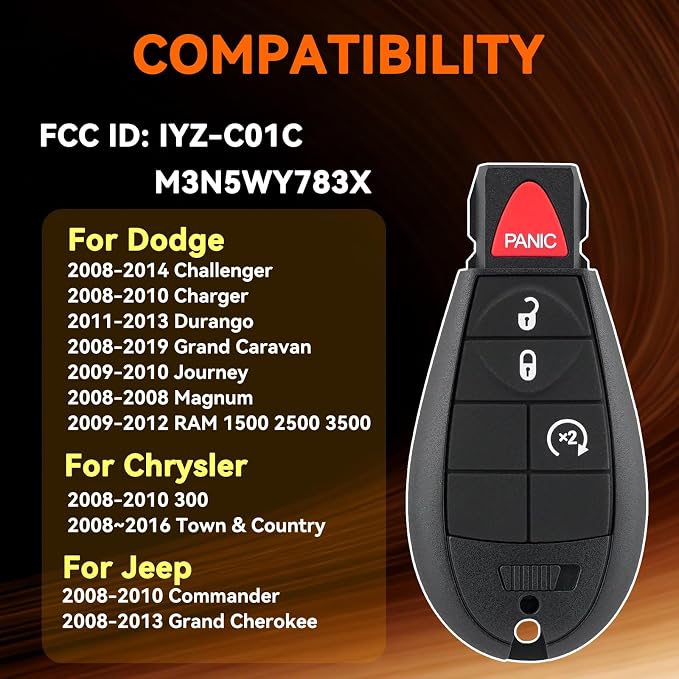 Key Fob Replacement for Dodge Ram 1500 2500 3500 Truck 2009-2012 Journey Challenger Grand Caravan Jeep Grand Cherokee Commander Chrysler Town Country Simple Remote Key DIY Kit IYZ-C01C