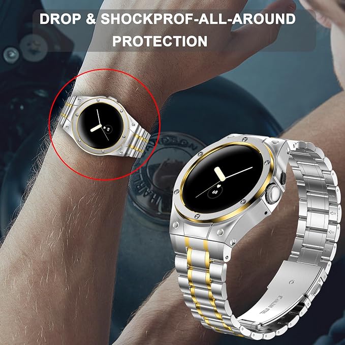 SUPLINK Stainless Steel Case and Bands Compatible with Google Pixel Watch 3 45mm Band for Men, Metal Case Adjustable Wristbands for Pixel Watch 3 Accessories Replacement Straps- Silver/Gold