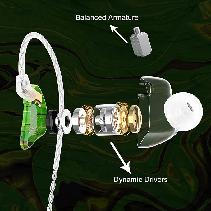 BASN MMCX in-Ear Monitors with Sound Isolation, Triple Driver Musicians HiFi Stereo IEMs Headphones with Upgraded Detachable Cables (Forest Green)