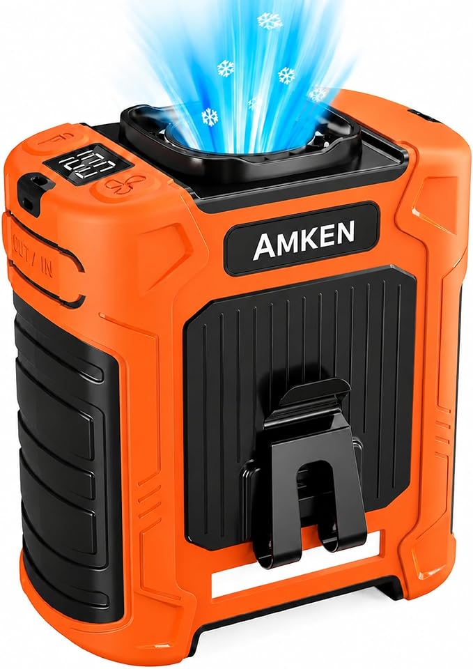 AMKEN Waist Fan, 10000mAh Rechargeable Belt Clip Fan, 59ft/s Airflow, 6-Speed 18500RPM Wearable Cooling with Bottom Air Intake, LED SOS Warning Light, Charge 2 Phones for Jobsite Camping