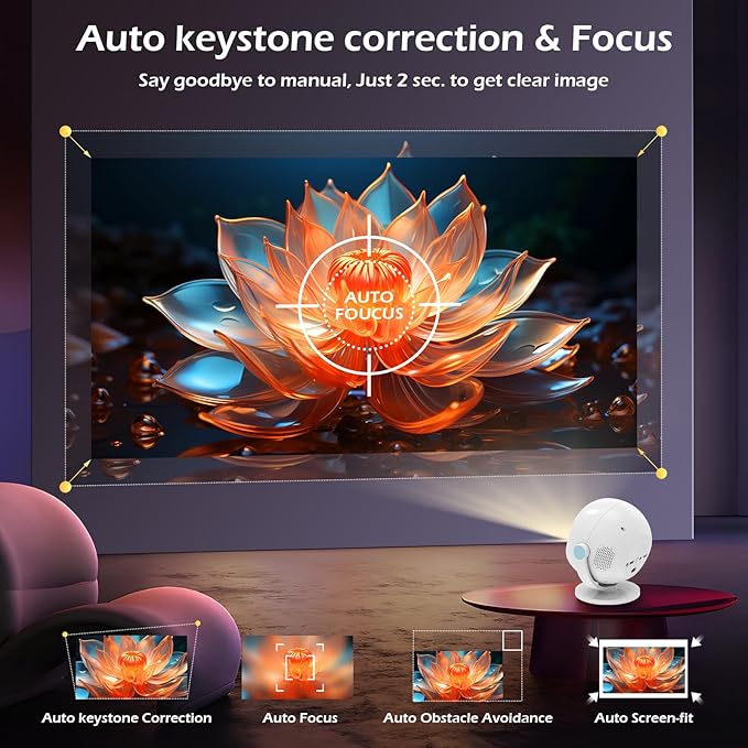 Mini Native 1080P Projector, 4K Support with WiFi6 and BT 5.2, Built-in Apps Full HD Outdoor Projector, Auto Keystone compatible with Cell, PC, Fire Stick, PS5 for Home Bedroom, White