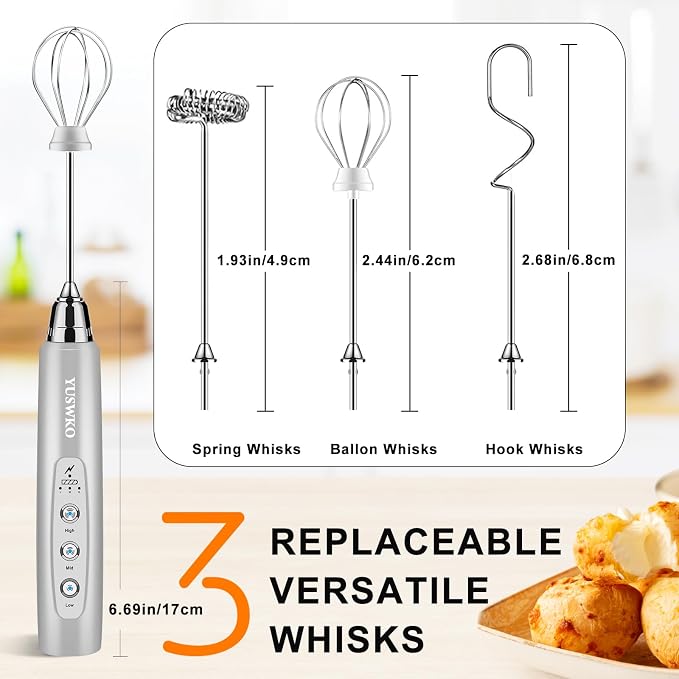 YUSWKO Milk Frother Handheld with 3 Heads, Electric Whisk Drink Foam Mixer with USB Rechargeable 3 Speeds, Mini Frother for Coffee Latte, Cappuccino, Hot Chocolate, Egg