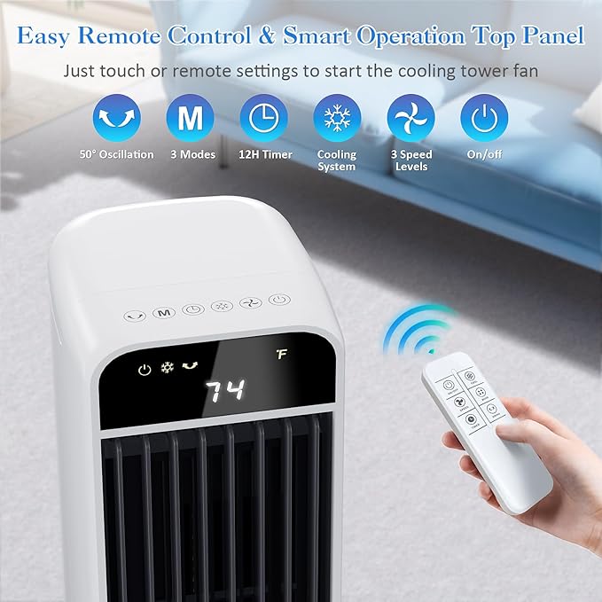 2 in 1 Portable Air Cooler with Remote, Evaporative Air Cooler with 4 Ice Packs, 12H Timer, 120° Oscillation, 3 Speed & 3 Modes Air Cooling Fan for Home, Bedroom, Office, White