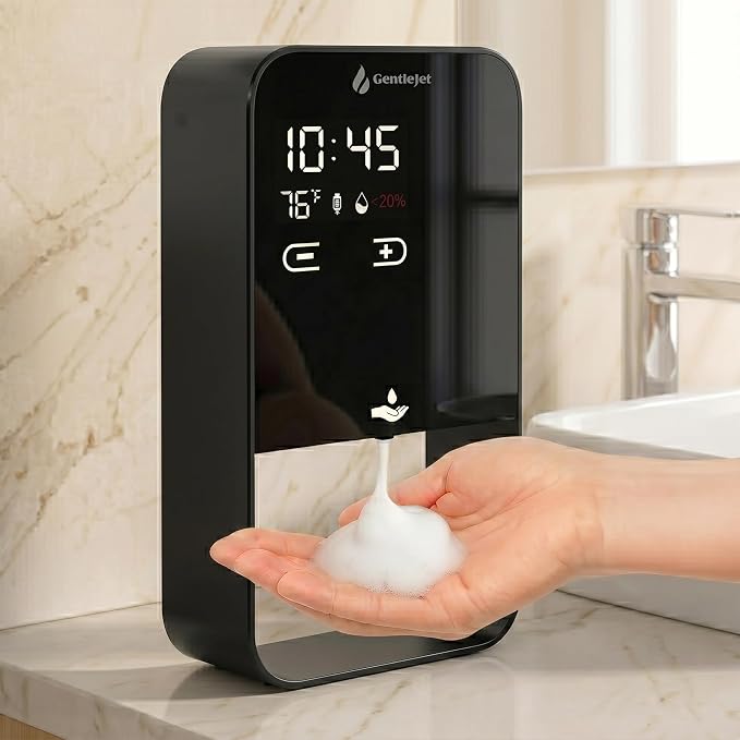 GentleJet EliteJet Automatic Foaming Soap Dispenser Touchless Sensor, LED Display, 5 Foam Levels, Wall Mount or Countertop, Rechargable USB-C or Battery Powered, Aluminum Alloy, 480 ml Refillable
