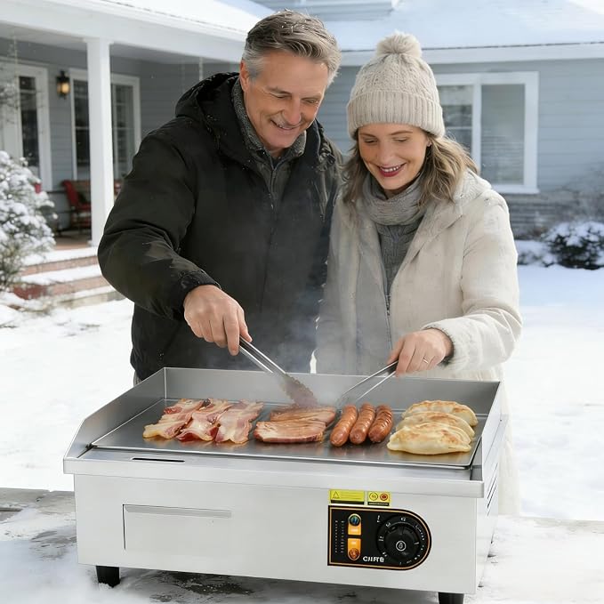 Garvee 14in Commercial Electric Griddle, 1700W Countertop Flat Top Grill, Stainless Steel Griddle Grill with 2 Shovels and 2 Brushes for Home or Restaurant, 122℉-572 ℉ Adjustable Temp