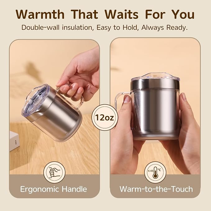 12oz Self Heating Coffee Mug, Electric Heated Coffee Cup with USB Charging Base, Temperature Control Stainless Steel Mug Warmer Set for Desk and Office (Silver Classic-12oz)
