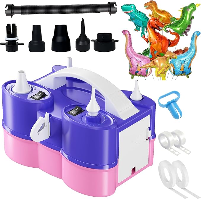3-in-1 Electric Balloon Pump with Dinosaur Foil Balloons, 3-in-1 Electric Balloon Pump, Portable Electric Air Pump for All Balloons Inflatables Dual Nozzle Balloon Blower Machine