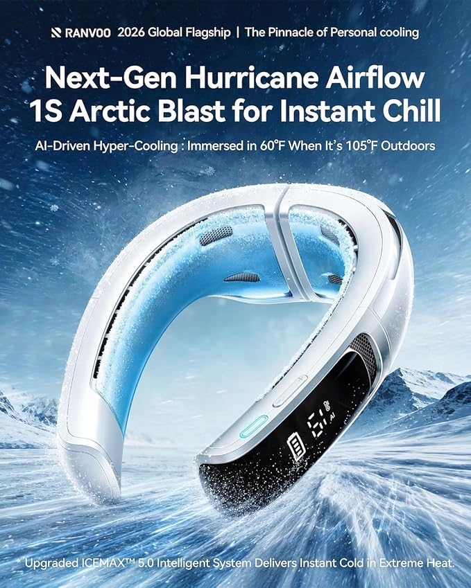 RANVOO AICE LITE MAX 2026 Real AC Cold Blast [No.1 Coolest & Most Durable] AI Neck Air Conditioner, Best Immersive Neck Cooler, 6000 mAh Rechargeable Neck Fan Blow Cold Air, Summer Gifts for Mom White