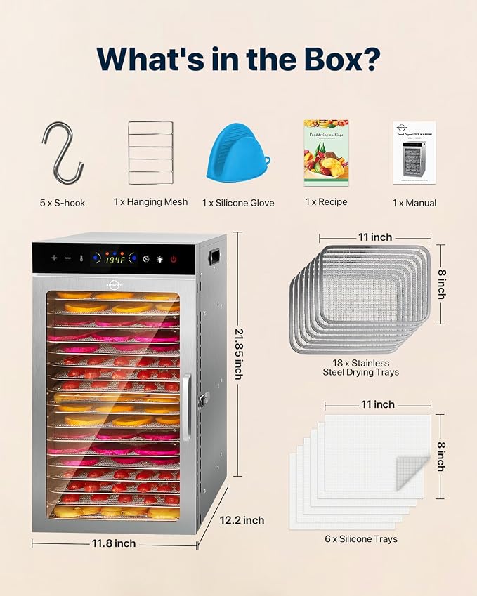 Food Dehydrator Machine 18Tray, 800W Dual Fan Fast Drying, 24H Timer, 86-194℉ Control, Noise Below 45dB, LED Panel, Stainless Steel Dehydrators for Food and Jerky Herb Meat Fruit, Rectangular