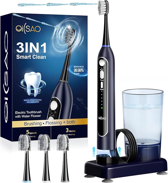 Electric Toothbrush with Water Flosser, Upgraded 2.0 Flossing Toothbrush with 5 Speeds & 3 Modes, 30 Days/Charge, for Teeth Cleaning and Plaque Removal, Sensitive Teeth & Dental Implants-Dark Blue