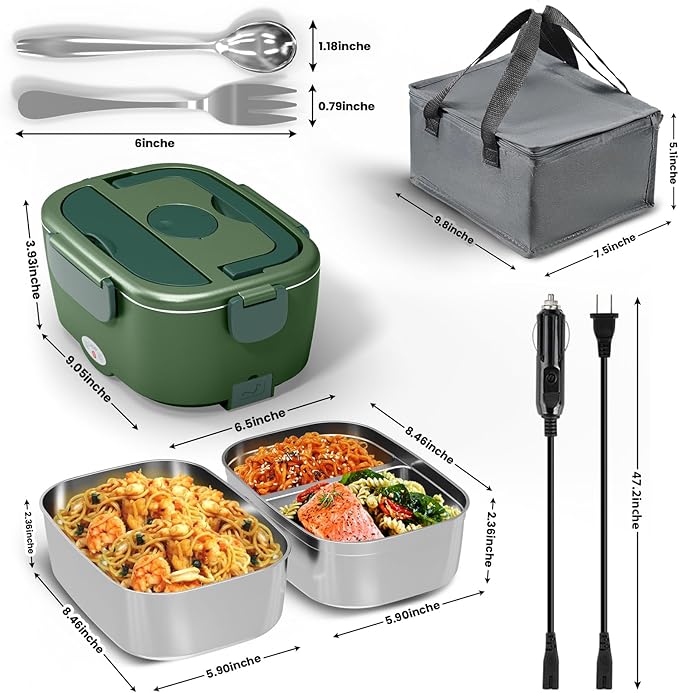 Sitlais Electric Lunch Box for Adults - Fast Heating Portable Food Warmer with 2 of 53oz 304 Stainless Steel Containers 12V/24V/110V Heated Lunch Box for Men&Women Work Office Truck Travel lonchera