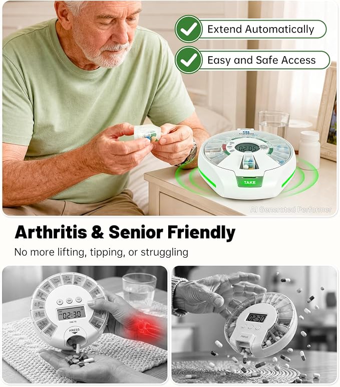 Bluetooth Automatic Pill Dispenser with App, 21 Individual Pods Medication Organizer for Seniors & Caregivers with Tracks Adherence History, Alarms & Light Alerts, Key Lock, for Vitamins Supplements