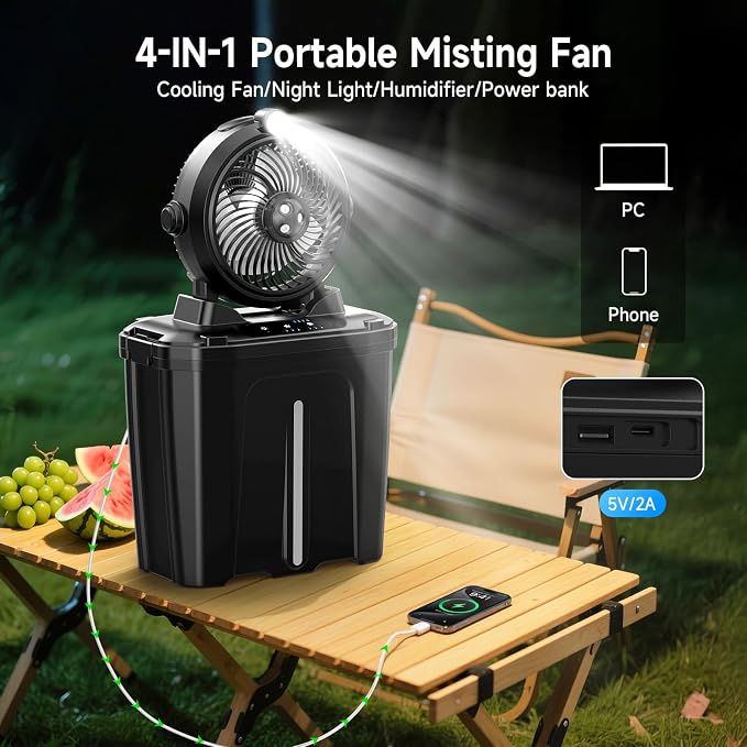 Portable Misting Fan with 11L Bucket & 20000mAh Battery，Rechargeable Battery Powered Fans for Patios with Night Light, 3 Wind Speed & 3 Spray Mister Camping Outdoor Fans, Waterproof Design