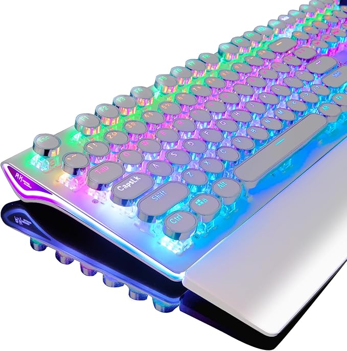 RK ROYAL KLUDGE S108 Typewriter Style Mechanical Gaming Keyboard with RGB Backlit, Wired PC Game Keyboard Full Size with Detachable Wrist Rest and Number Pad, Retro Round Keycaps, Red Switches White