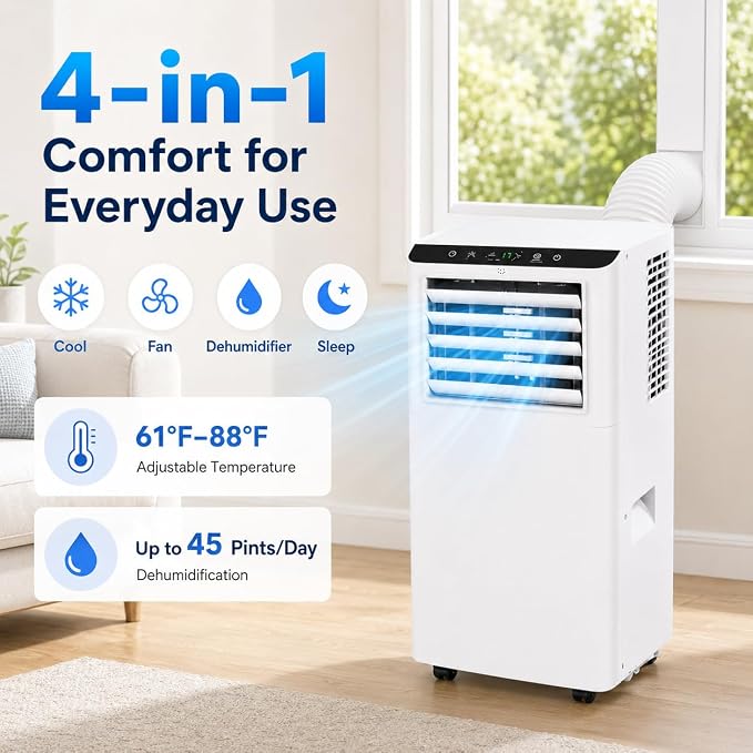 8,000 BTU Portable Air Conditioners, Portable AC Unit for Basement & Bedroom, Remote & Auto Evaporation, 4-in-1 Cooling Unit, Floor AC, Covers Rooms up to 350 Sq.Ft, Sleep Mode, Remote Control