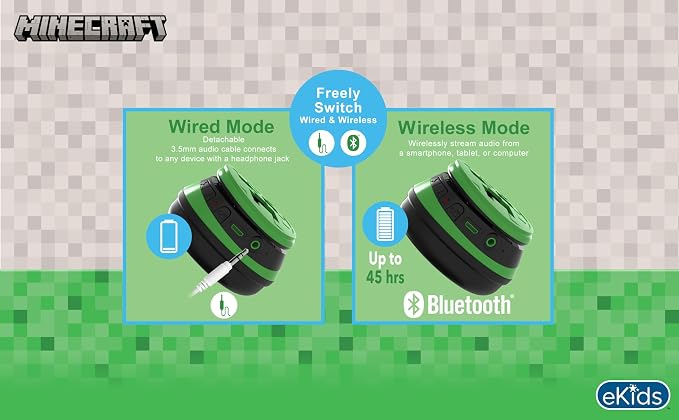 Minecraft Kids Bluetooth Headphones, Wireless Headphones with Microphone | Volume Reduced and Adjustable Headband