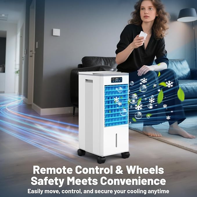 Portable Evaporative Air Cooler, Quiet Windowless Swamp Cooler with 4 Ice Packs, 2 Gallon Water Tank, Remote Control, 4 Modes & 3 Speeds, Oscillating Cooling Fan for Bedroom, Living Room and Office