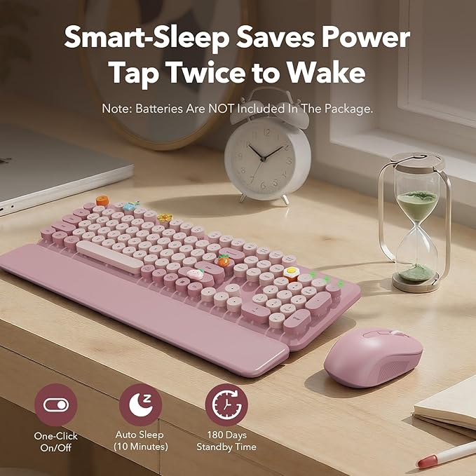 Wireless Keyboard and Mouse Combo, Full-Size Typewriter-Style Keyboard with Round Keycaps, Magnetic Wrist Rest, Tilt Legs, 2.4GHz Cordless for Mac, Windows PC, Laptop, SABLUTE CK23, Dusty Rose