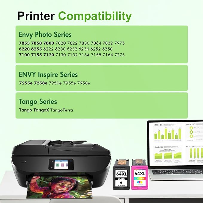 64XL 64 Black and Color Ink Cartridge Combo Pack Envy 7855 7900e for HP Printers Envy Photo 7855 7858 7155 7800 Inspire 7900e Series 7200e 7255e Tango 64 XL (2-Pack,Black,Tri-Color)