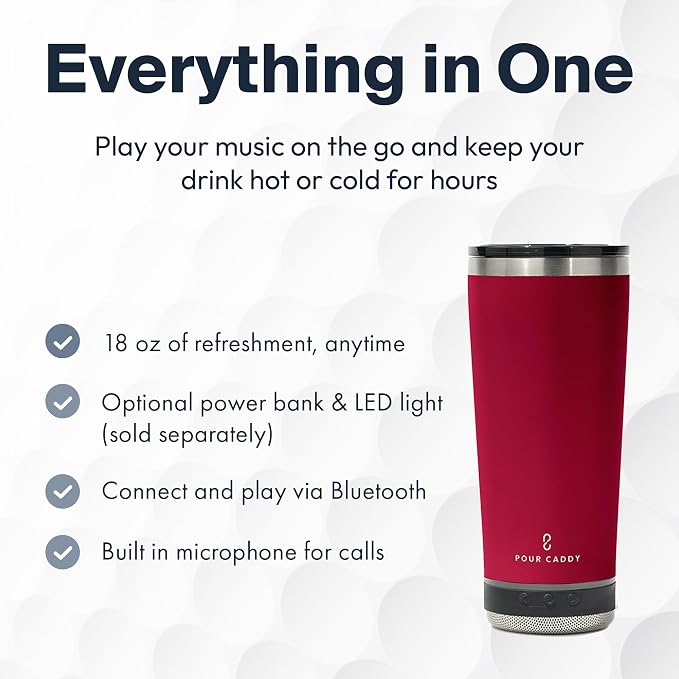 Vibe 18 oz Tumbler with Bluetooth Speaker, Insulated Stainless Steel Travel Cup with Lid, Hot & Cold Drink Beverage Container, Removable Speaker with Microphone, Rubber Base, Red