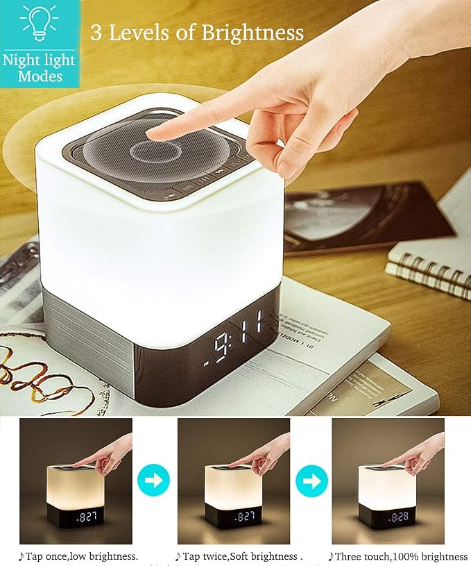 Night Lights Bluetooth Speaker, Alarm Clock Wireless Bluetooth Speakers,Touch Sensor Bedside Lamp,Color Changing Night Lights for Kids,MP3 Music Player, Speakerphone/TF Card/AUX-in Supported