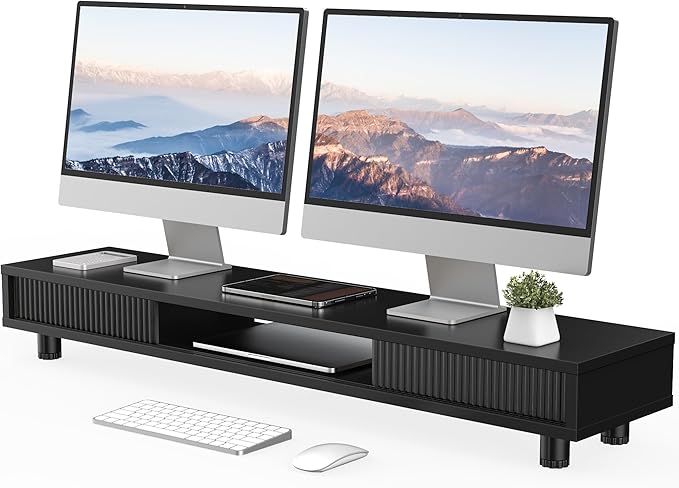 Fenge Dual Monitor Stand, 42.5inch Long Monitor Stands Riser for 2 Monitors, Glass Sliding Door with Storage Organizer Stand for Desk, 2 Tier Desk Shelf for Laptop, Pc, Printer, Computer, TV