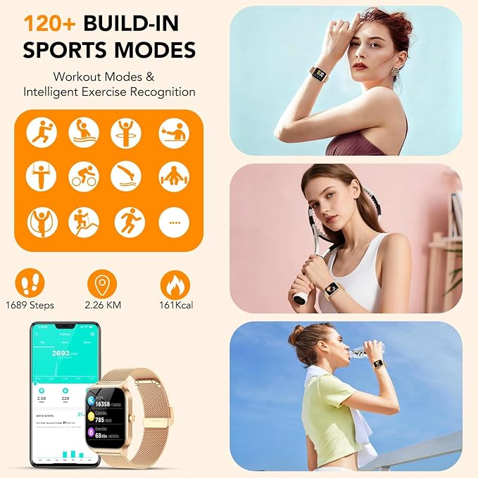 Smart Watch for Women with Bluetooth Calling, Fashion Fitness Tracker, 1.85" HD Touch Screen, AI Voice Assistant, Heart Rate Sleep Monitor, 120+ Sports Modes, Compatible with Android iPhone, 2 Bands