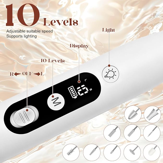 Cordless Electric Nail Drill,Professional Hand Feet Care Rechargeable File Kit,Gel Nail Polish Remover Machine with LED Display,Acrylic Gel Nail Polishing Removing (Silvery White Set)