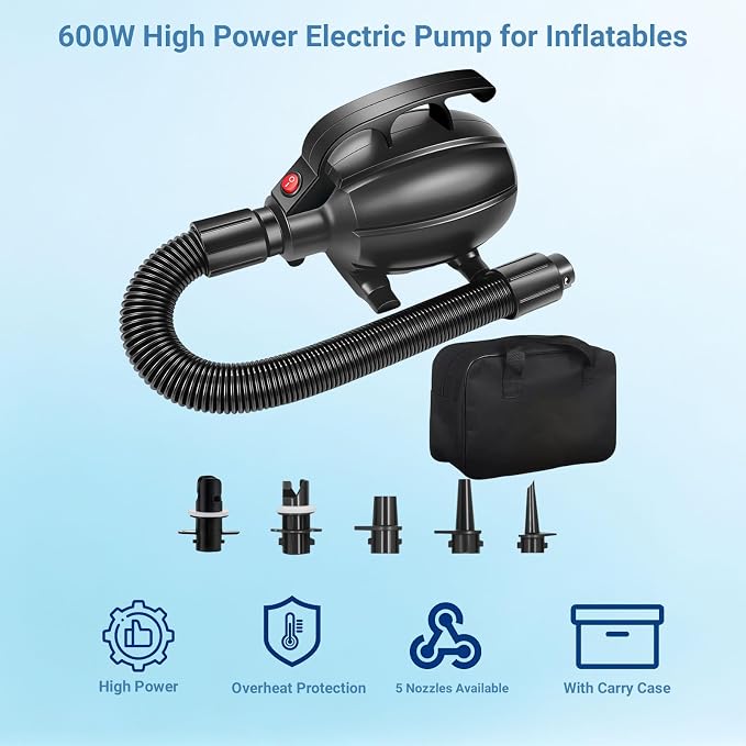 600W Electric Pump for Mattress, Electric Air Pump for Inflatables Quick-Fill Gymnastics Mat Dock Raft Pool Floats 2-in-1 Inflator/Deflator with 5 Nozzles & Carry Case (L)