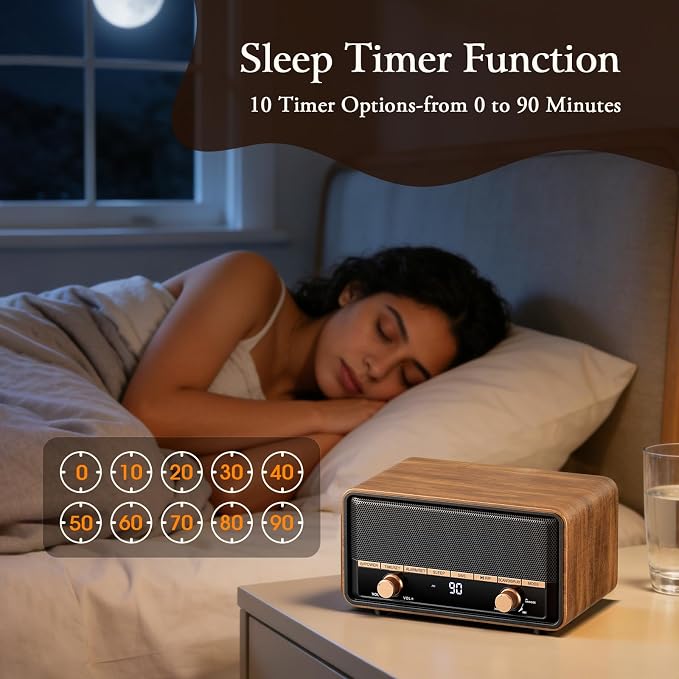 Vintage Wooden AM FM Radio with Bluetooth, Digital Clock Radio for Bedroom with 80 Station Presets, Tap to Snooze, Sleep Timer, Clear LCD Display for Home Office (Deep Walnut)