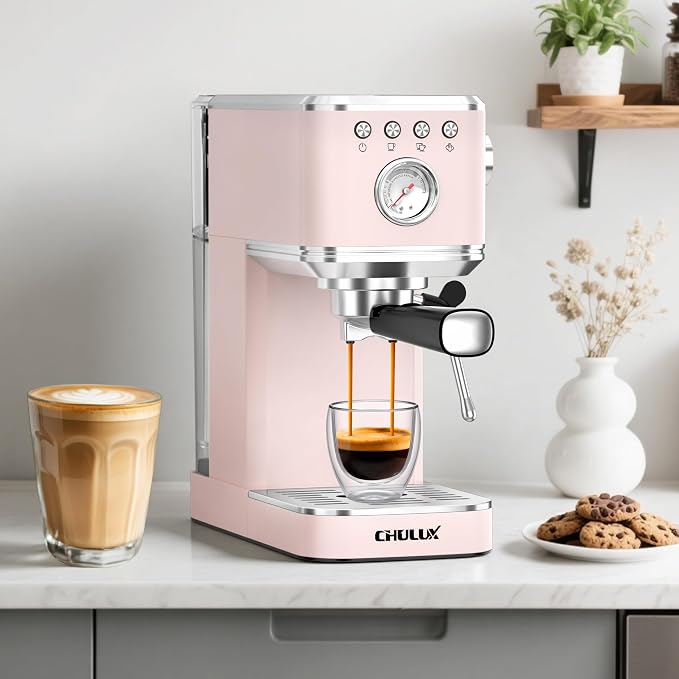 CHULUX Slim Espresso Machine with Milk Frother, 20 Bar Professional Italian Pump Espresso Coffee Machine for Home Cappuccino & Latte Maker, Stainless Steel, Pink