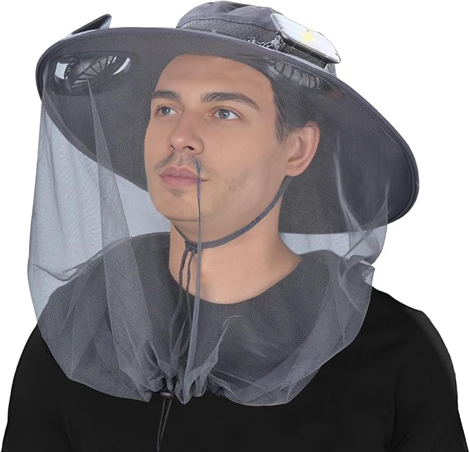 Wide Brim Sun Hat with Solar Fan, Solar Powered Fan Hat with Mosquito Head Net, Men & Women Cooling Cap for Outdoor
