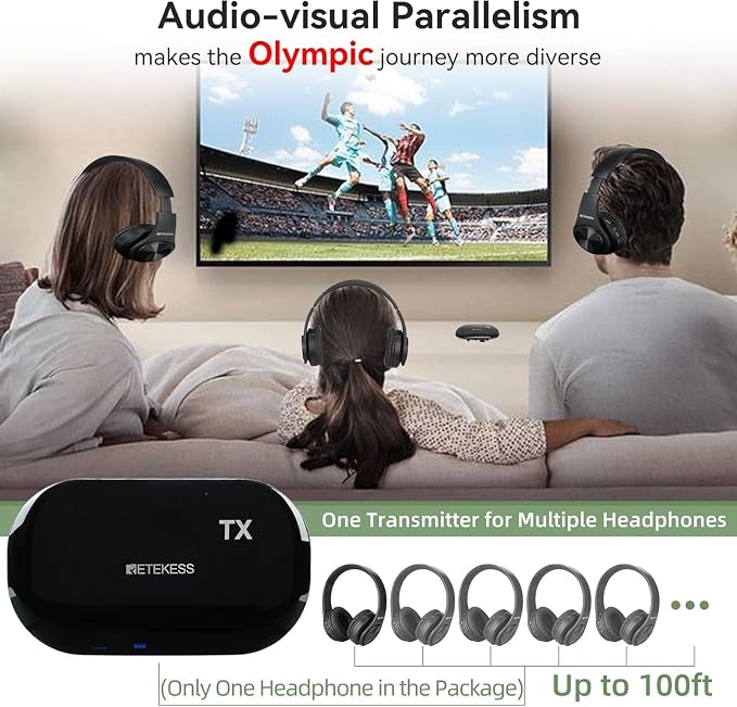 Retekess TA005 Wireless Headphones for TV Watching, TV Headphones for Seniors with Transmitter, Support A/B Channel, AUX, RCA and Optical Input for Elderly, Family (Pack of 1)