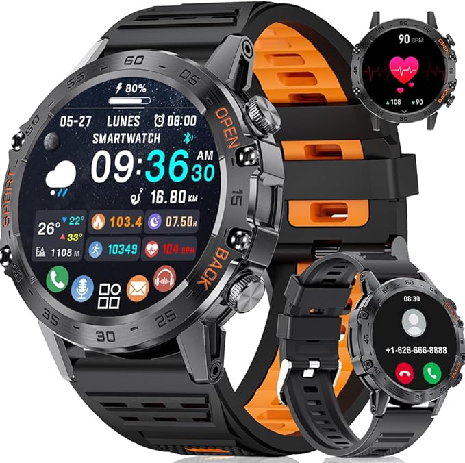 SUNKTA Military Men's Smart Watch (Answer/Dial Calls),100 Sports Modes, 5ATM Waterproof Fitness Watch with Heart Rate/SpO2/Blood Pressure for Android and iOS,1.39''HD Full Screen Smartwatch,Leather