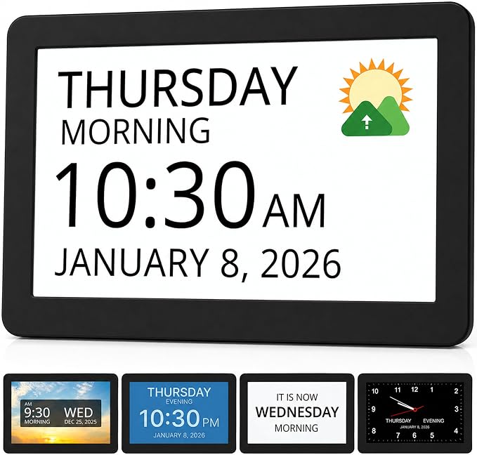 Robin Clock 2026 with Day and Date for Elderly, Clocks for Seniors, Dementia Clock, Digital Calendar Elderly, Bedside Clocks Seniors, Alzheimers Products, Dementia Clocks Large, Black