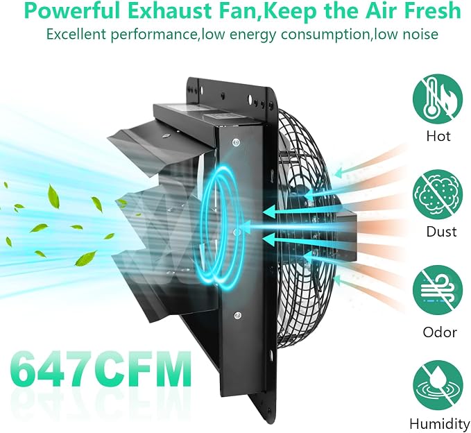 10 Inch Shutter Exhaust Fan,Wall Mount Ventilator Fan with ON/OFF Switch,Attic Chicken Coops Vent Fan for Greenhouse, Gable, Barn, Garage, Shed Ventilation Fans 647CFM,1700 RPM
