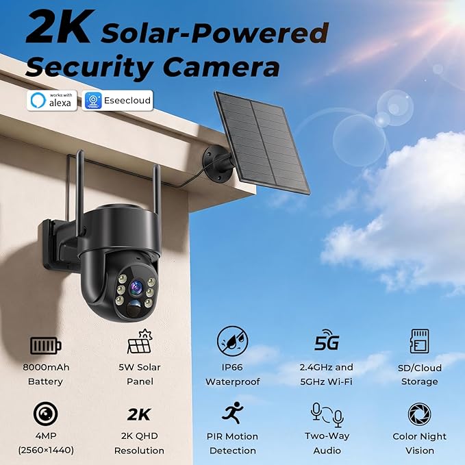 2K Security Cameras Wireless Outdoor, 5G & 2.4 WiFi Cameras for Home Security Solar/Battery Powered with Solar Panel, 360° PTZ Human Detection, Color Night Vision, Works with Alexa(2 Pack)
