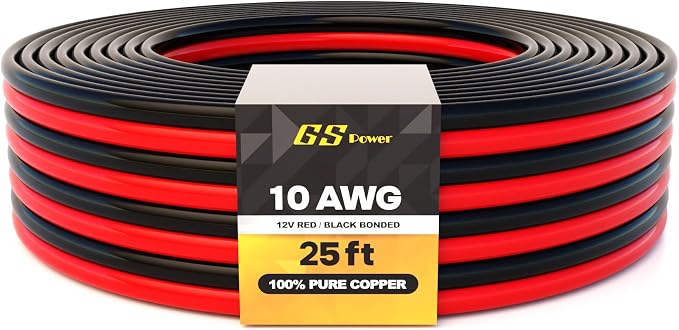 GS Power OFC Pure Copper 10 Gauge Wire 25ft Oxygen Free, Electrical 12v Primary Hi-Fi Speaker Cable, 10AWG for Amplifier, Solar Panel, Automotive, Battery Cable, Stereo, Car, Home Theater, RV Power