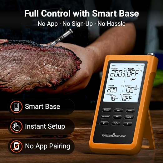 ThermoMaven 3000FT Smart Wireless Meat Thermometer – Sub-1G Long Range, 6 Sensors NIST Certified Accuracy, 2 Thin Probes, Standalone Base with Large LCD for Grill, Smoker, Oven, BBQ