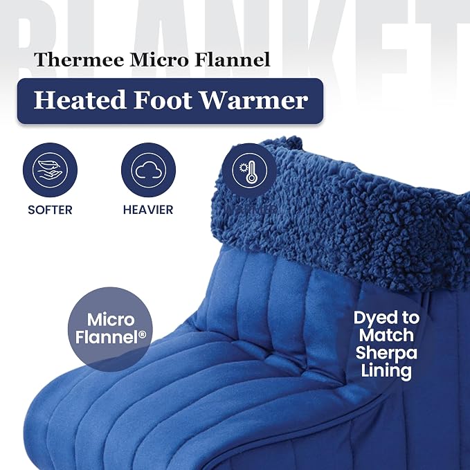 Thermee Micro Flannel Heated Foot Warmer, Sherpa Fleece, 2-Hour Safety Shut-Off, Electric Foot Heater for Women & Men, Foot Warmers for Feet, Heated Slippers, Under Desk Foot Warmer-Sapphire