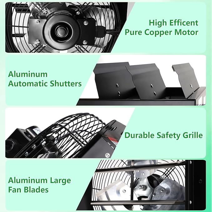 Shutter Exhaust Fan with Thermostat & Speed Control, 970 CFM,1700RPM, Upgrade 12 inch Wall Mount Attic Vent Fan for Chicken Coops, Greenhouse, Gable, Barn, Garage, Shed Ventilator