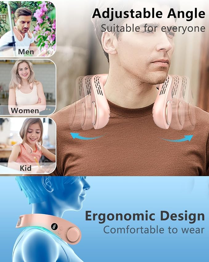 Neck Fan that Blows Cold Air with Cooling Plate, Rechargeable Battery Powered, Portable Silent Mini Neck Air Conditioner, Cordless Leafless Quiet Face Fans for Kid Adults Travel Work Sports, Pink