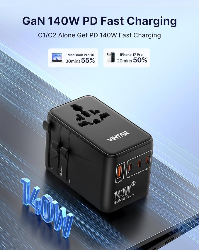 VINTAR 140W GaN Universal Travel Adapter, 6-in-1 International Power Adapter with 2AC, 3 USB-C PD & 1 USB-A QC, All-in-One Charger Compatible with EU/UK/US/AU for Laptops, Tablets, Phones, Cameras